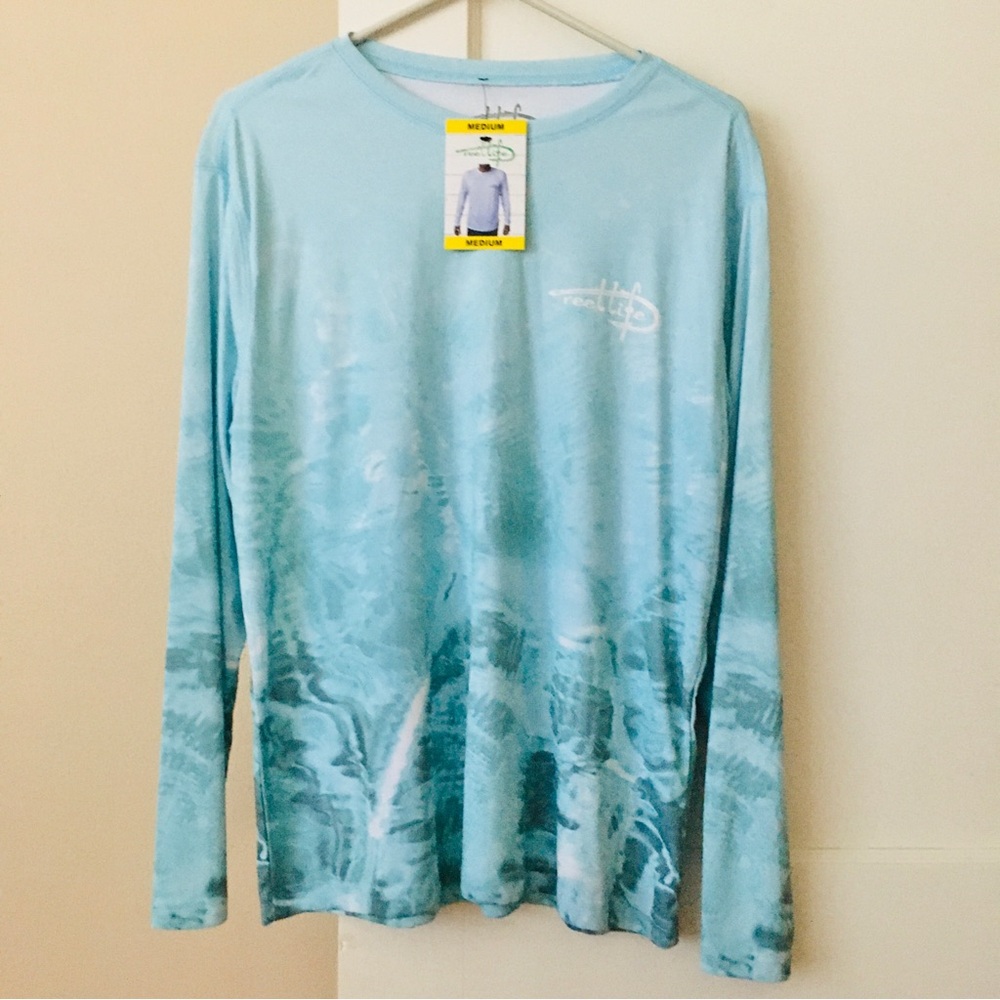 NWT Reel Life UPF 50+ Sum Protection Shirt Blue Long Sleeve Water Design